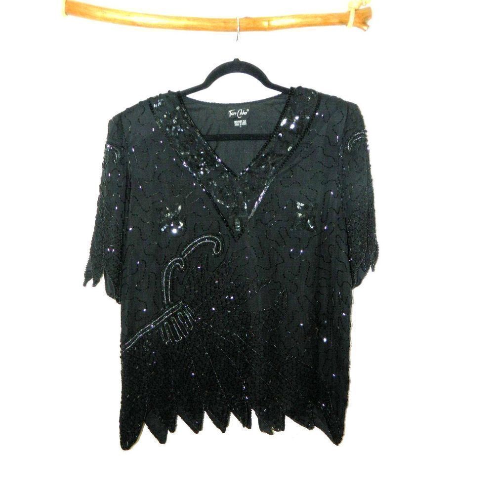 Tan-Chho Blouse Vintage Beaded Sequins Black 100% Pure Silk Short Sleeve Large